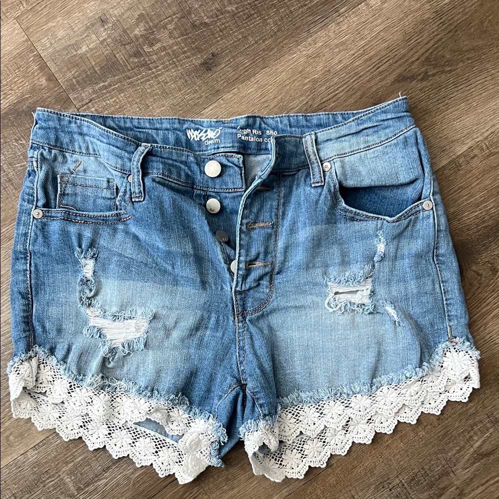 Blue Jean Shorts with Distressed Details and Lace Trim
